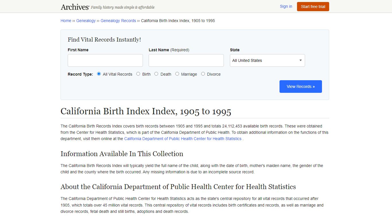 California Birth Index | Search Collections & Indexes - Archives.com