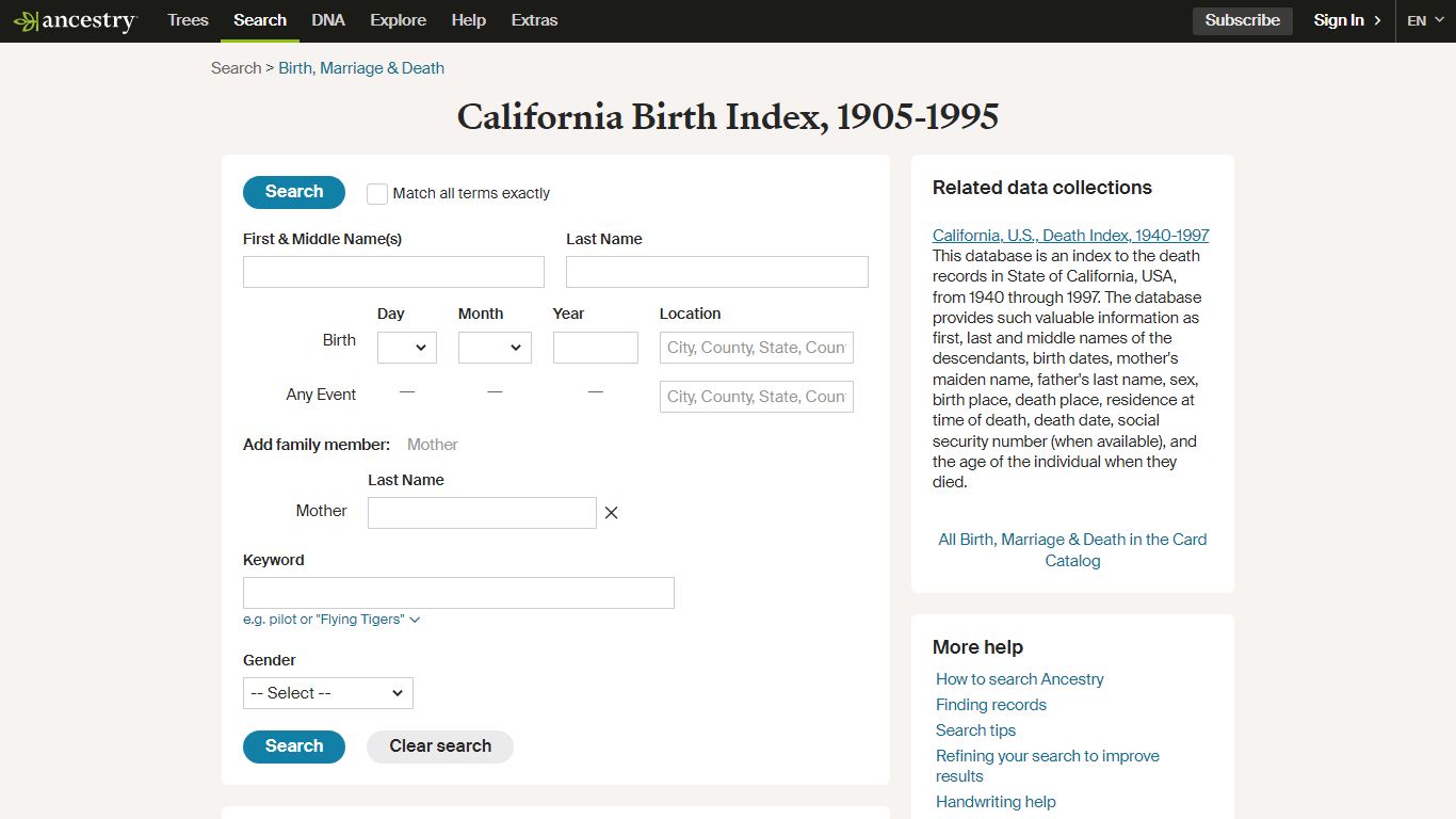 California Birth Index, 1905-1995 - Ancestry