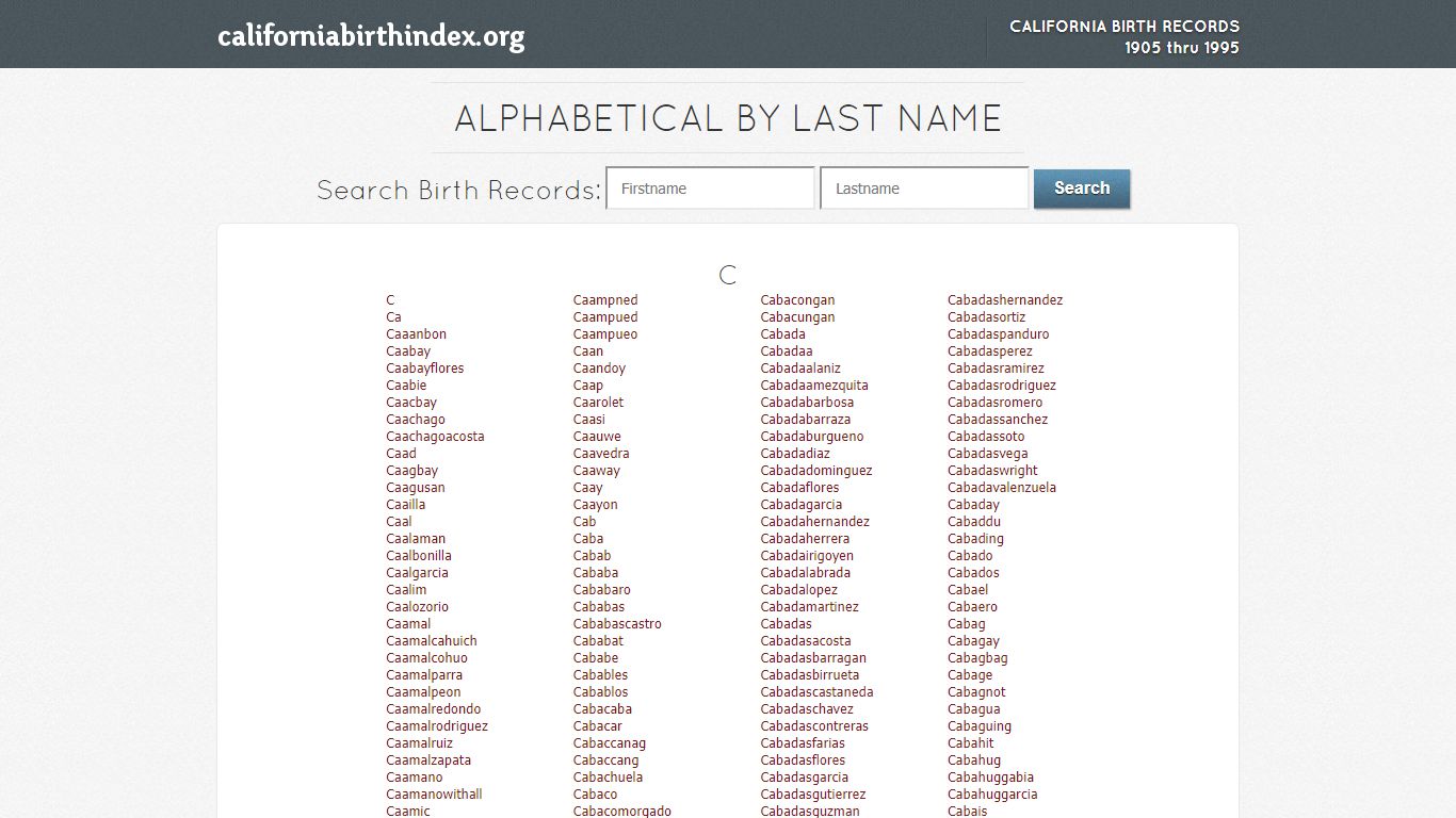 Alphabetical by Last Name - California Birth Index